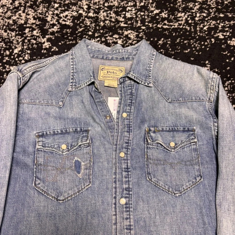 Polo Ralph Lauren Mens Distressed Denim Western Shirt Light Wash Pearl Snap M